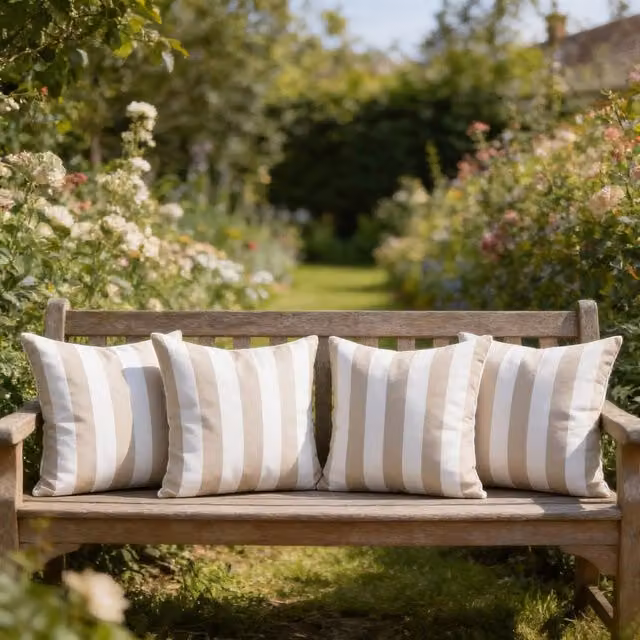 Livinluxury Wide Striped Outdoor Water-repellent Cushion in Beige and White