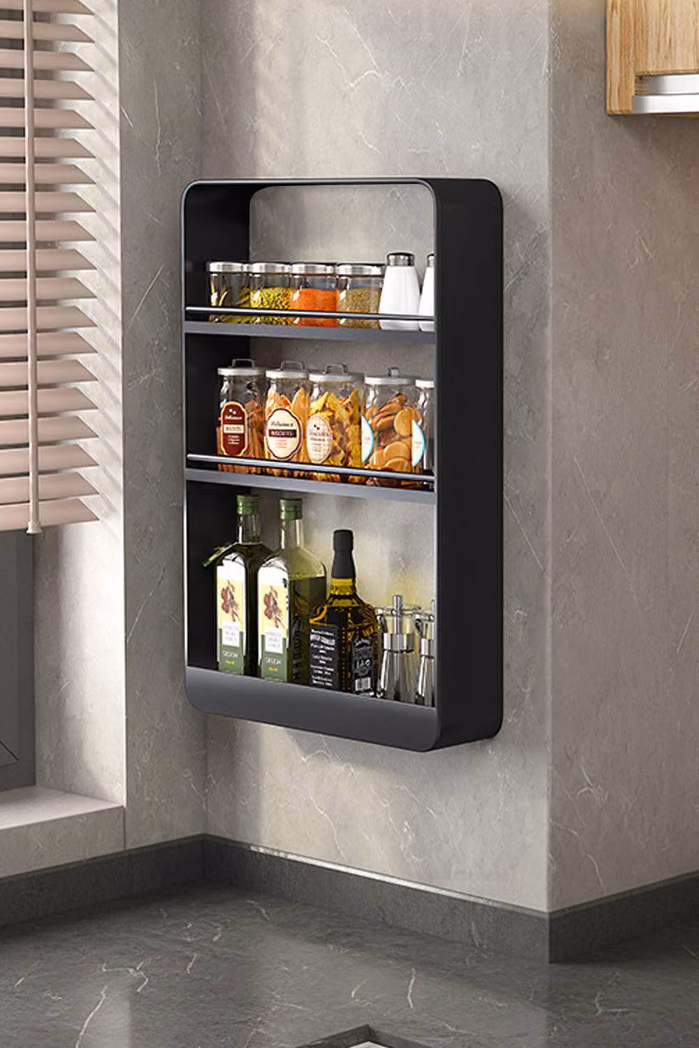 Living and Home 3-tier Wall-Mounted Metal Spice Rack and Kitchen Organiser in Matt Black – 5