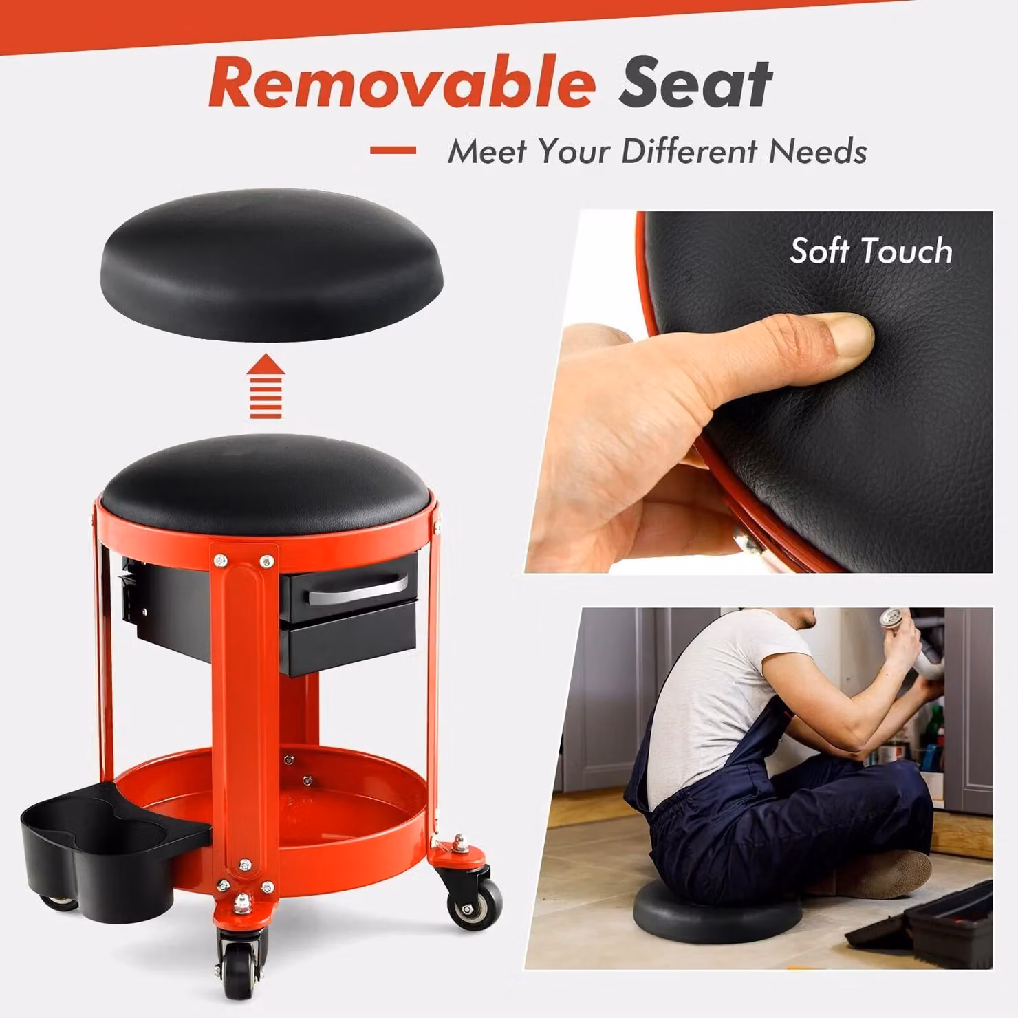 Costway Rolling Workshop Creeper Seat Mechanic Stool with Removable Padded Seat and 2 Drawers, Red/Multicolour, W/D/H: 44 x 40 x 30 cm – 4