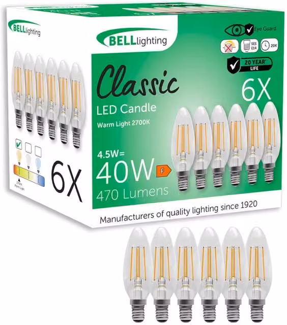BELL Lighting E14 Filament LED Candle Bulb, Warm White 2700K, 4.5W, 470 Lumen, Non-Dimmable, Pack of 6