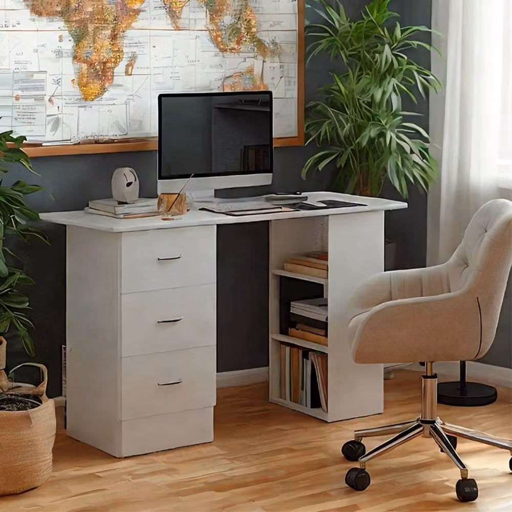 KORVIXA White Computer Desk with 3 Shelves and Drawers, W: 120 cm – 4