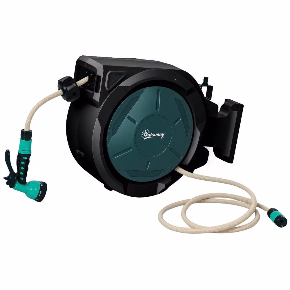 OUTSUNNY Retractable Wall Mounted Hose Reel with Lock, Green – 2