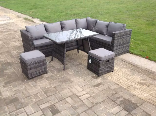 Fimous 8 Seater Rattan Garden Corner Sofa Set with Rectangular Dining Table and Small Footstools in Dark Mixed Grey