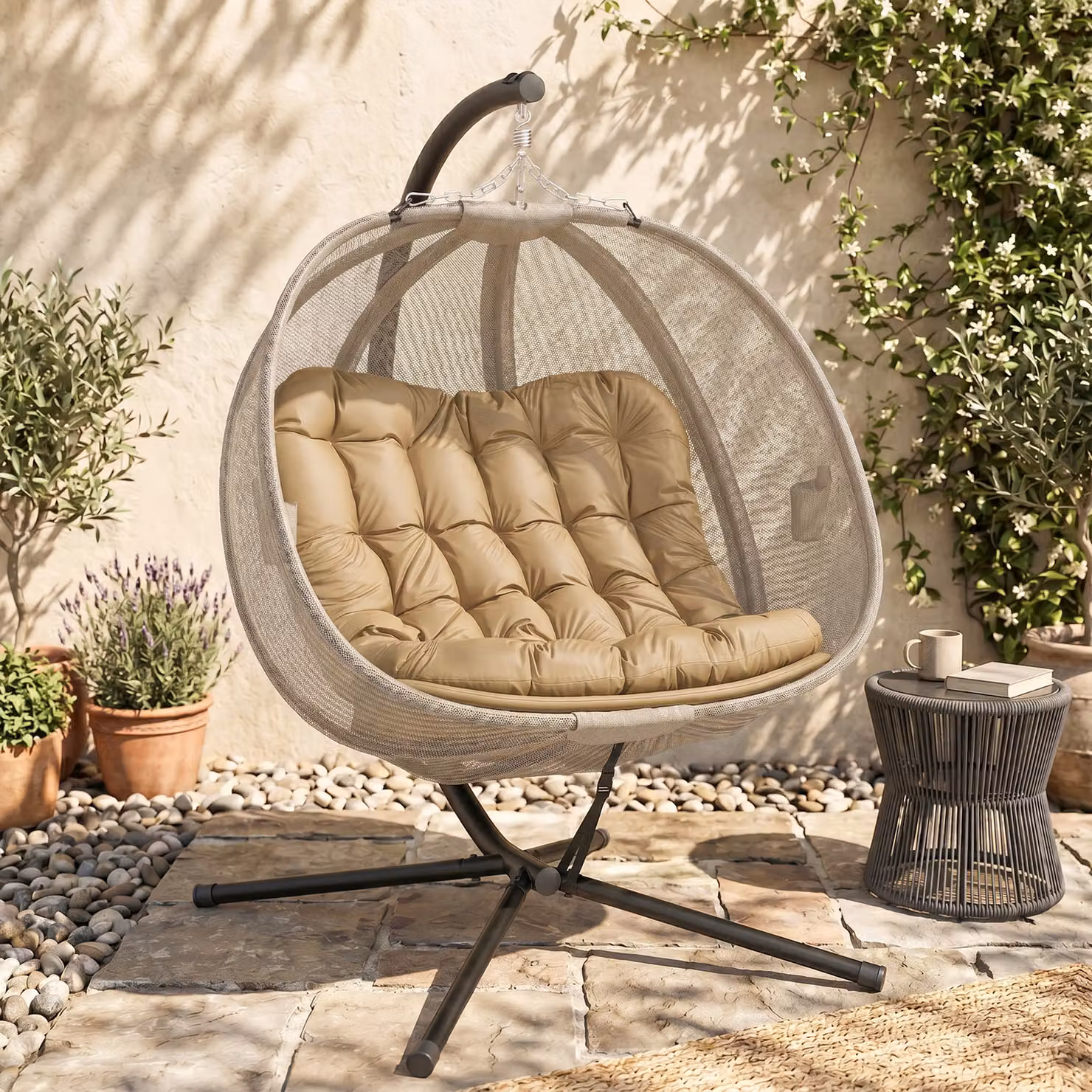 Outsunny Double Hanging Egg Chair 2 Seater Swing Hammock with Stand and Cushions in Brown – 2
