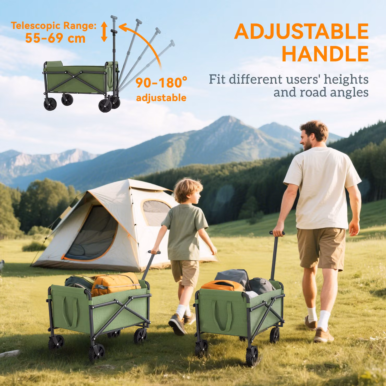 Outsunny 41L Festival Trolley on Wheels, Green Heavy Duty Collapsible Folding Wagon with Adjustable Handle and Carrying Bag – 6