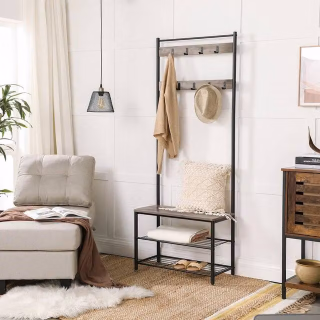 KORVIXA Hall Tree with Bench and Shoe Rack in Rustic Brown – 1