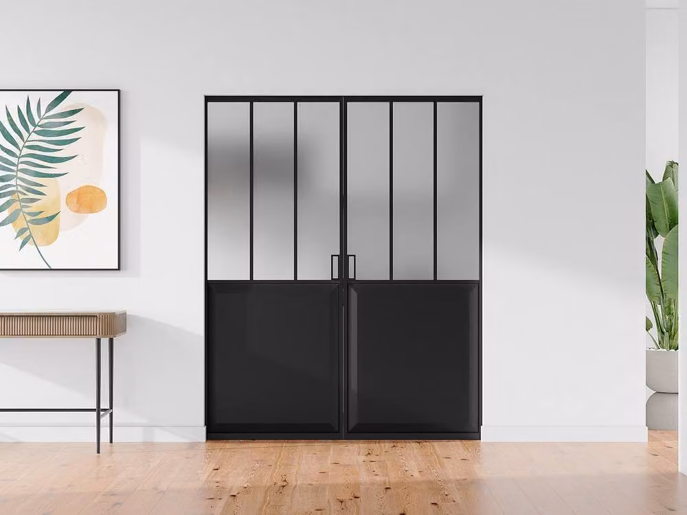 Vente-unique Modern Double Sliding Studio-Style Pocket Door in Black with Frosted Glass and Silver Aluminium Details – 2
