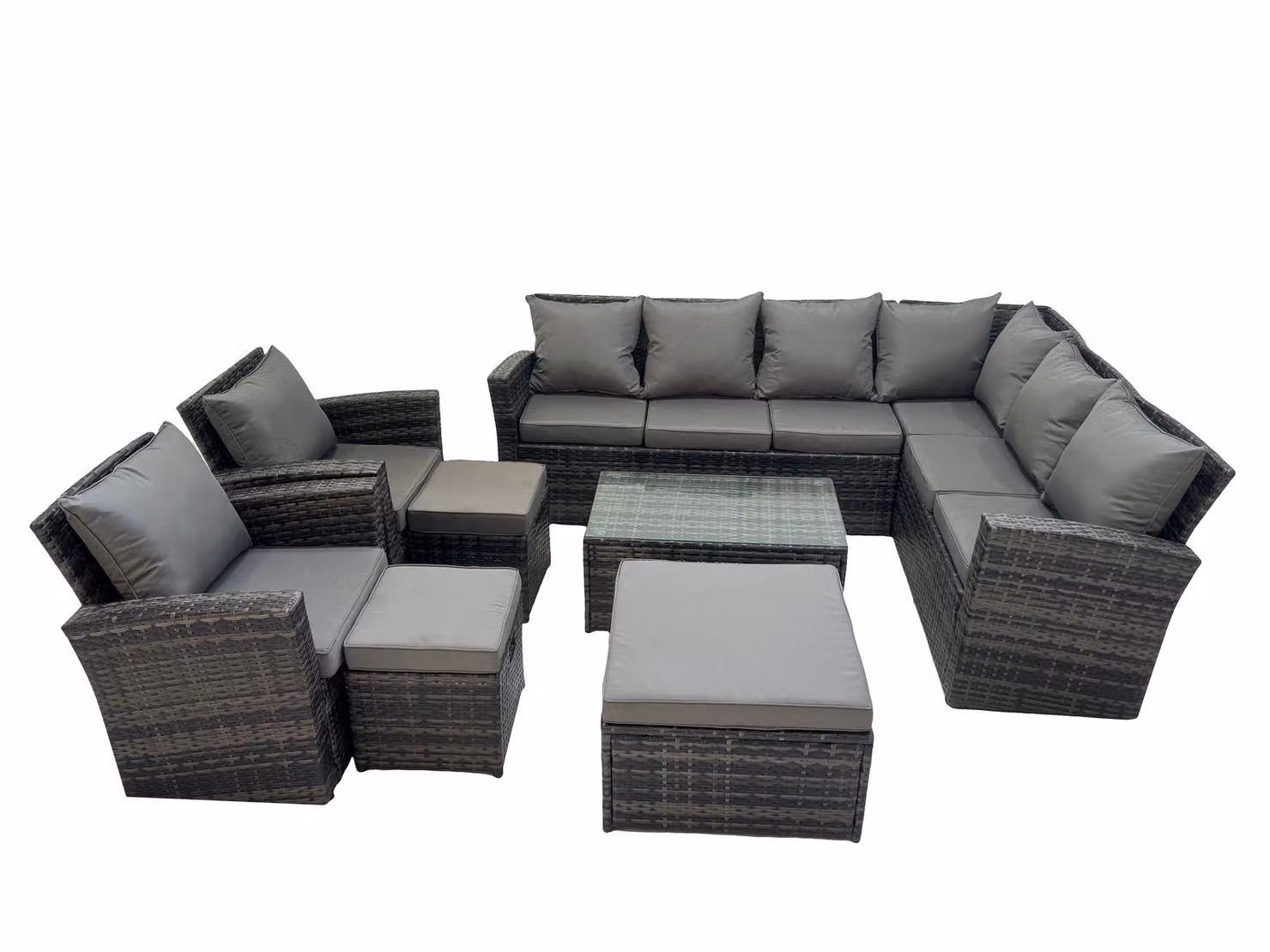 Fimous 11 Seater L-Shape Garden Sofa Set in Dark Grey with Coffee Table, Armchair and 3 Footstools – 2