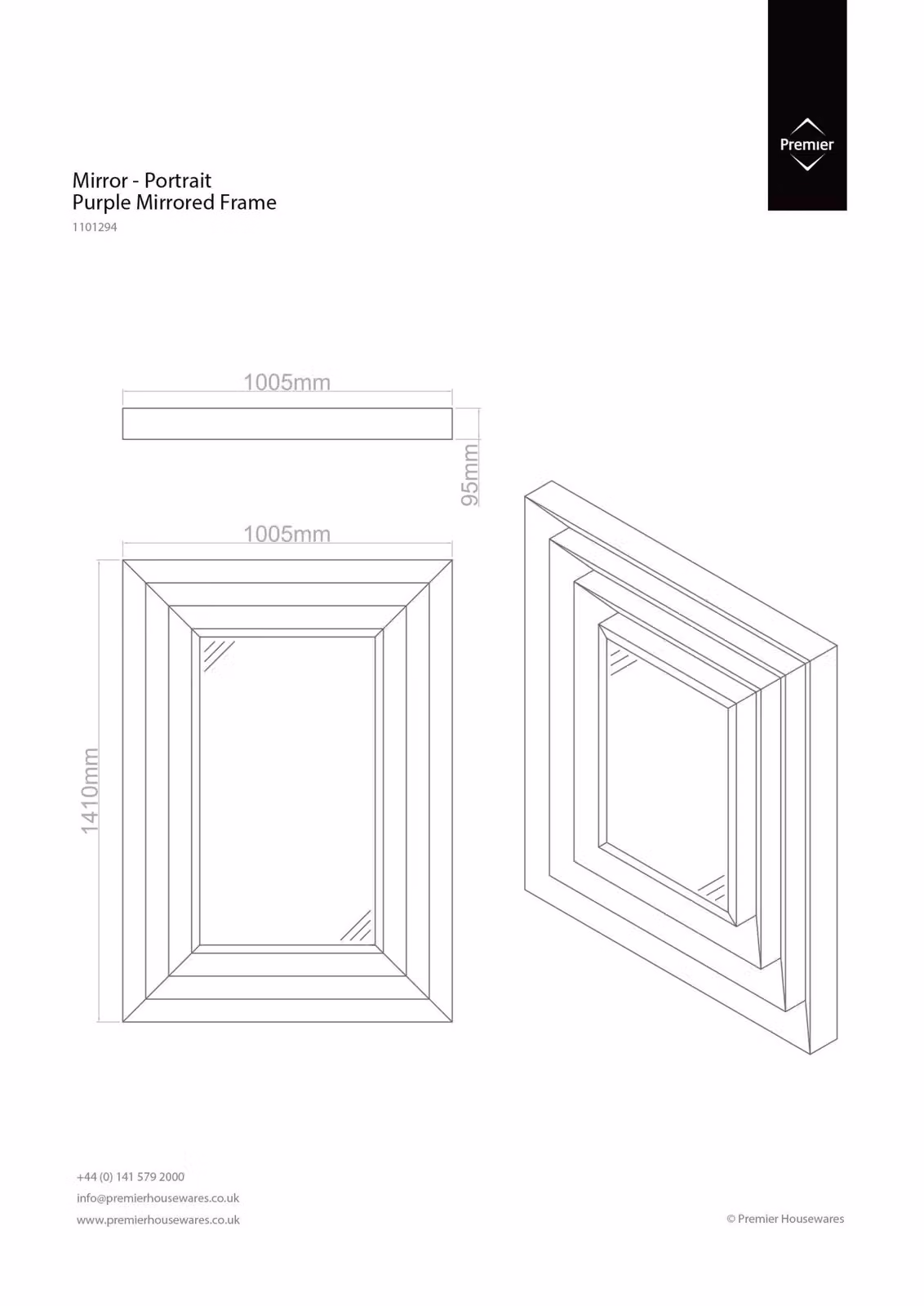 Orsina Luxe Purple Rectangular Bevelled Wall Mirror, H 140 cm x W 100 cm x D 1 cm – 2