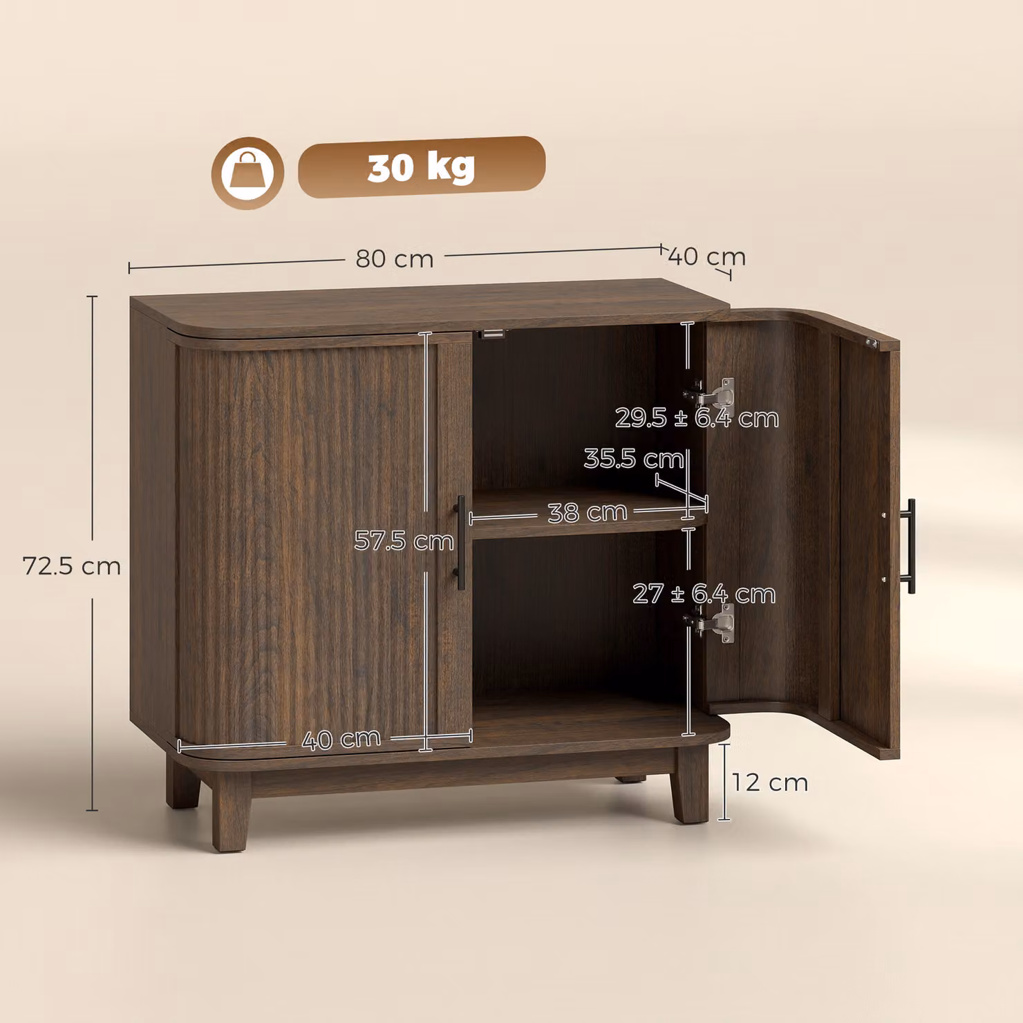 HOMCOM Sideboard Buffet Cabinet in Dark Walnut with 2 Curved Doors and Adjustable Shelf for your Dining Room or Living Room, W: 72.5 cm, D: 40 cm, H: 80 cm – 3