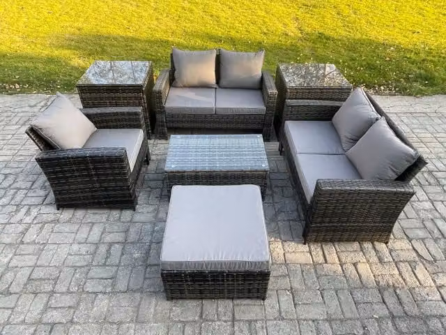 Fimous 6 Seater Rattan Garden Furniture Set in Dark Grey with Lounge Armchairs, 2 Seater Sofa, Coffee Table, Ottoman and Side Tables