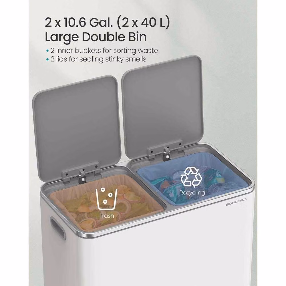 The Bazaarist Double Kitchen Recycling Bin with Soft Close Pedal and Removable Inner Buckets, White and Grey – 3