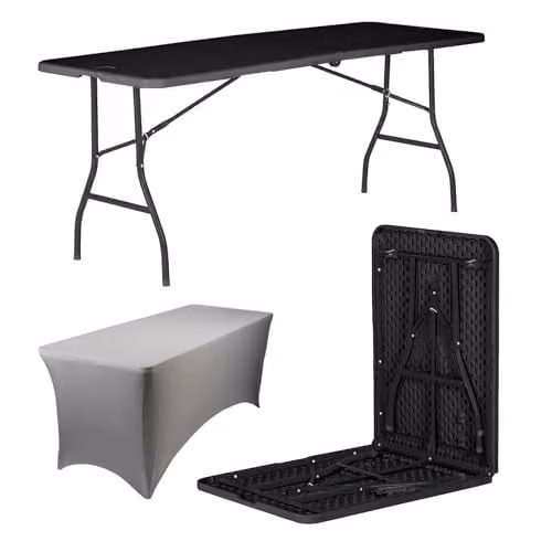Harbour Housewares Folding Picnic Table with Fitted Tablecloth, Black and Grey, W: 180 cm, D: 70 cm, H: 73.5 cm – 1