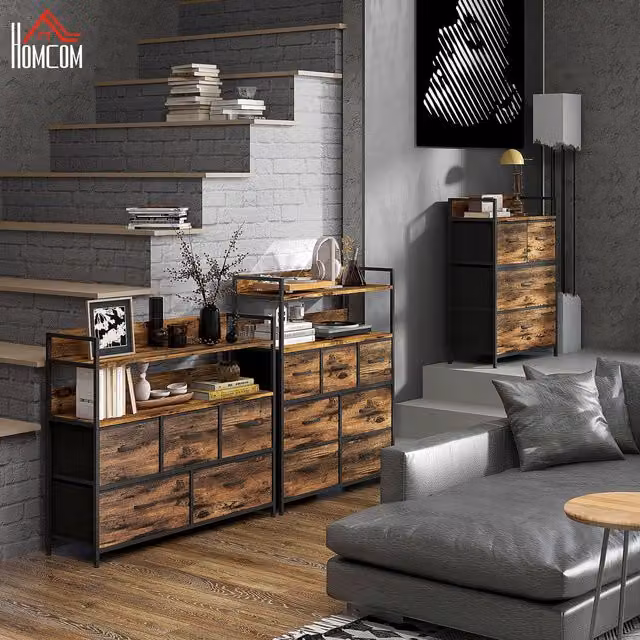 HOMCOM Brown Wood Effect Chest of Drawers with Open Shelves and Metal Accents, W: 98 cm, H: 85 cm
