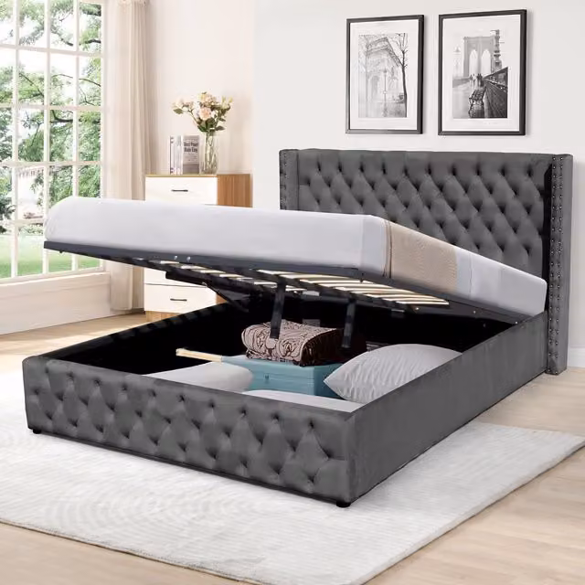Comfy Living Silver Grey Velvet Upholstered Storage Bed Frame with Lift Up Base and Solid Wood Frame, 90 x 190 cm