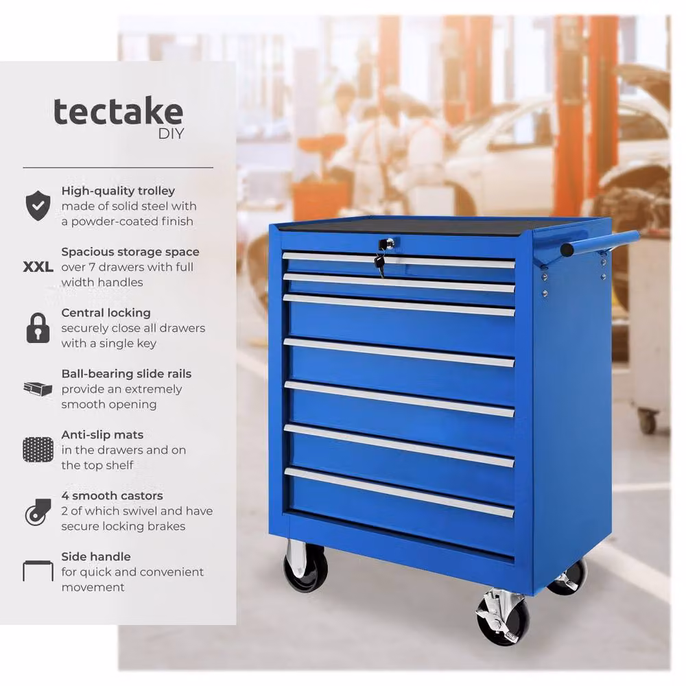 tectake Lockable and Rollable Steel Tool Chest in Blue – 2