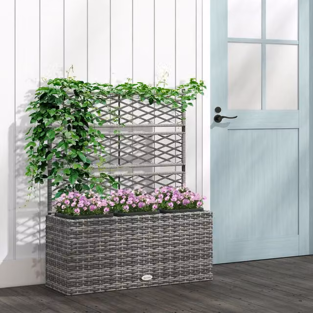 OUTSUNNY Light Grey PE Rattan Raised Bed Planter with Trellis, W/D/H: 84 x 30 x 107 cm