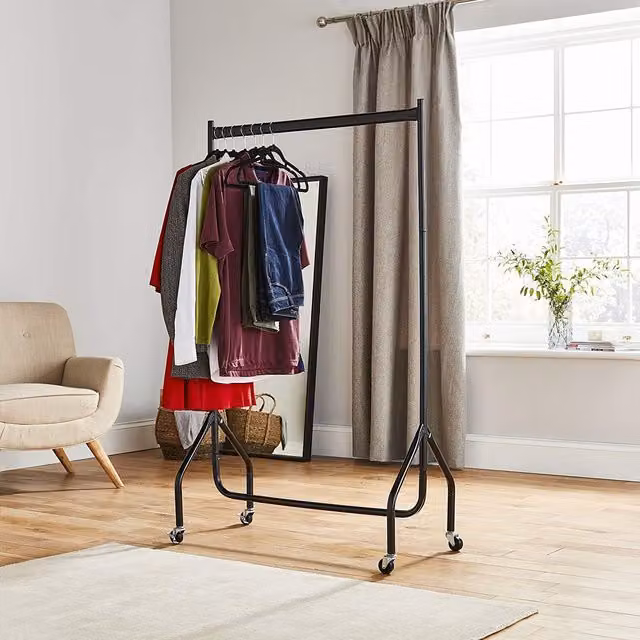 House of Home Heavy Duty Metal Clothes Rail with Wheels in Black, Width: 90 cm