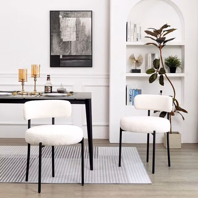 Set of 2 Modern Home Touch Mid-Century Dining Chairs in White Bouclé Fabric with Black Metal Upholstered Frame