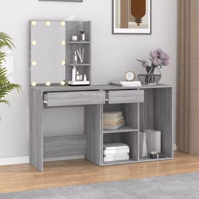 Berkfield Home LED Hollywood Dressing Table with Cabinet in Grey Sonoma, W/D/H: 140 x 40 x 60 cm