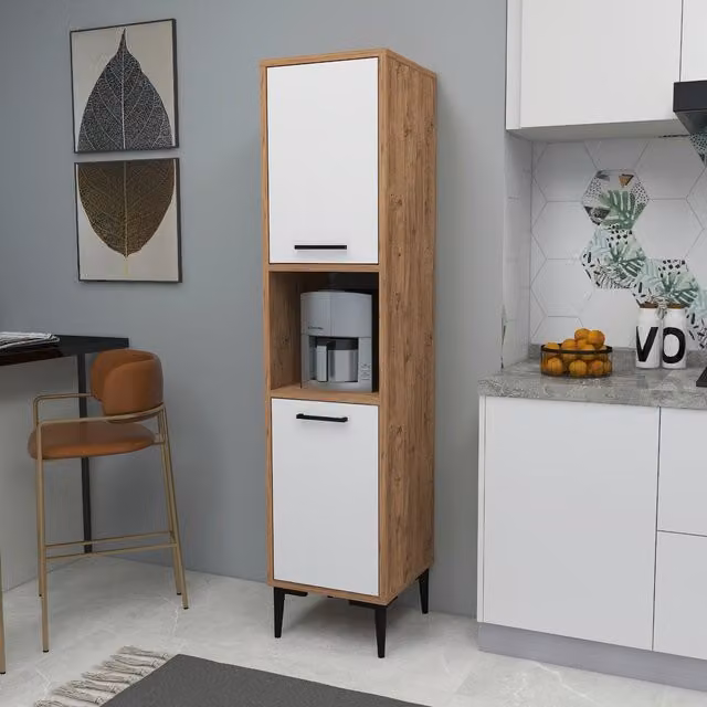 Destina Home Daminol Modern Kitchen Cabinet in White and Brown with Internal Shelves and Hinged Doors