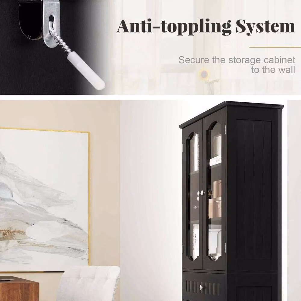KORVIXA Modern Freestanding Black Linen Cabinet with Glass Doors and 2 Internal Shelves, W: 70 cm, H: 75 cm – 4