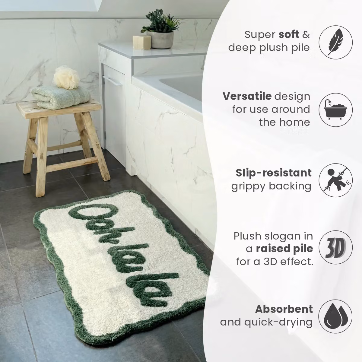 Mooky Mats Ooh La La Slogan Scallop Bath Mat, Non-Slip Green and White Semicircular Rug – 3