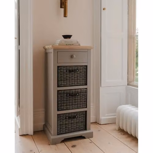 Florence Tallboy Storage Unit with Drawer and 3 Baskets in Dove Grey with Limed Acacia Wood Top, W/D/H: 54 x 42 x 113 cm