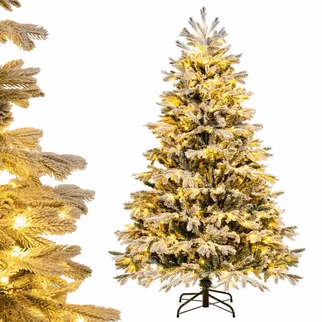 Gymax Pre-Lit Flocked Christmas Tree with 1022 Tips and 350 LED Lights, Green, Height: 180 cm