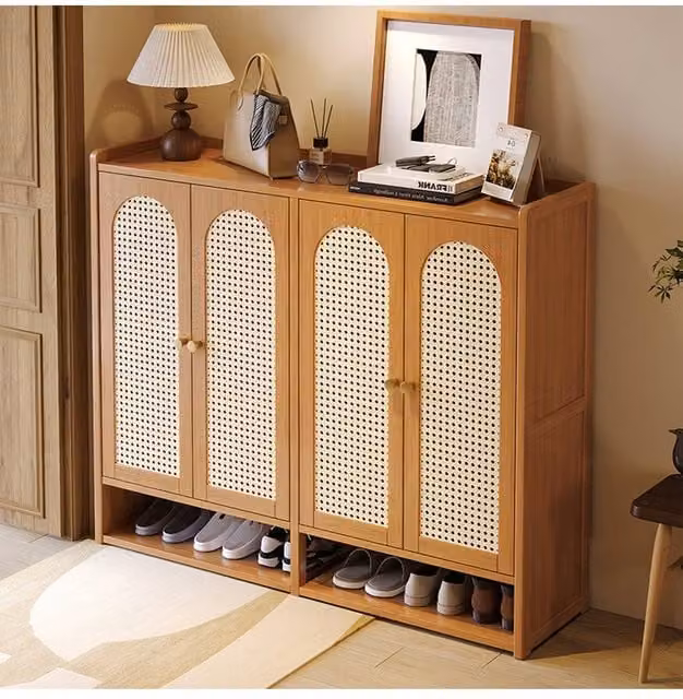 H&O Direct Rustic Brown Shoe Storage Cabinet with Hinged Rattan Doors and Internal Shelves