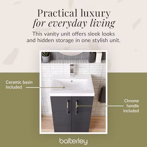 Balterley Floor Standing Bathroom Vanity Unit with Basin and Soft Close 2 Doors in Charcoal Black, W/D/H: 51 x 39 x 84 cm – 4