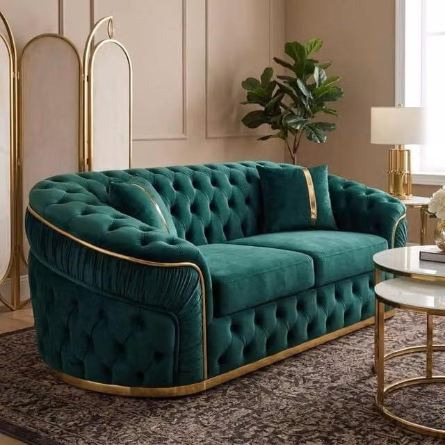 Stratus Interiors Ambassador Chesterfield 2 Seater Sofa in Green Plush Velvet with Gold Trim