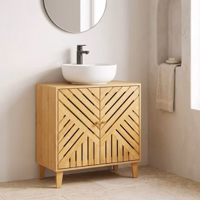STILVORA Modern Freestanding Under Sink Bathroom Cabinet in Sand and Brown with Adjustable Bamboo Shelves – 1