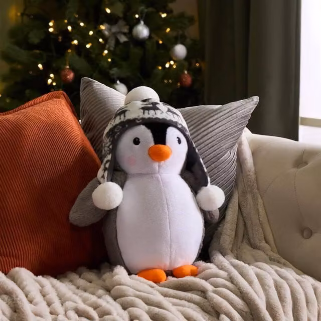 OHS Grey Plush Christmas Penguin Shaped Scatter Cushion, W/D/H: 35 x 20 x 20 cm