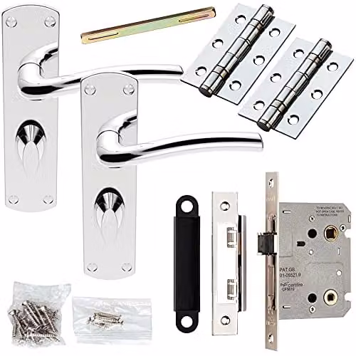 Loops Chrome Curved Round Arm Door Handle and Bathroom Lock Pack with Long Backplate