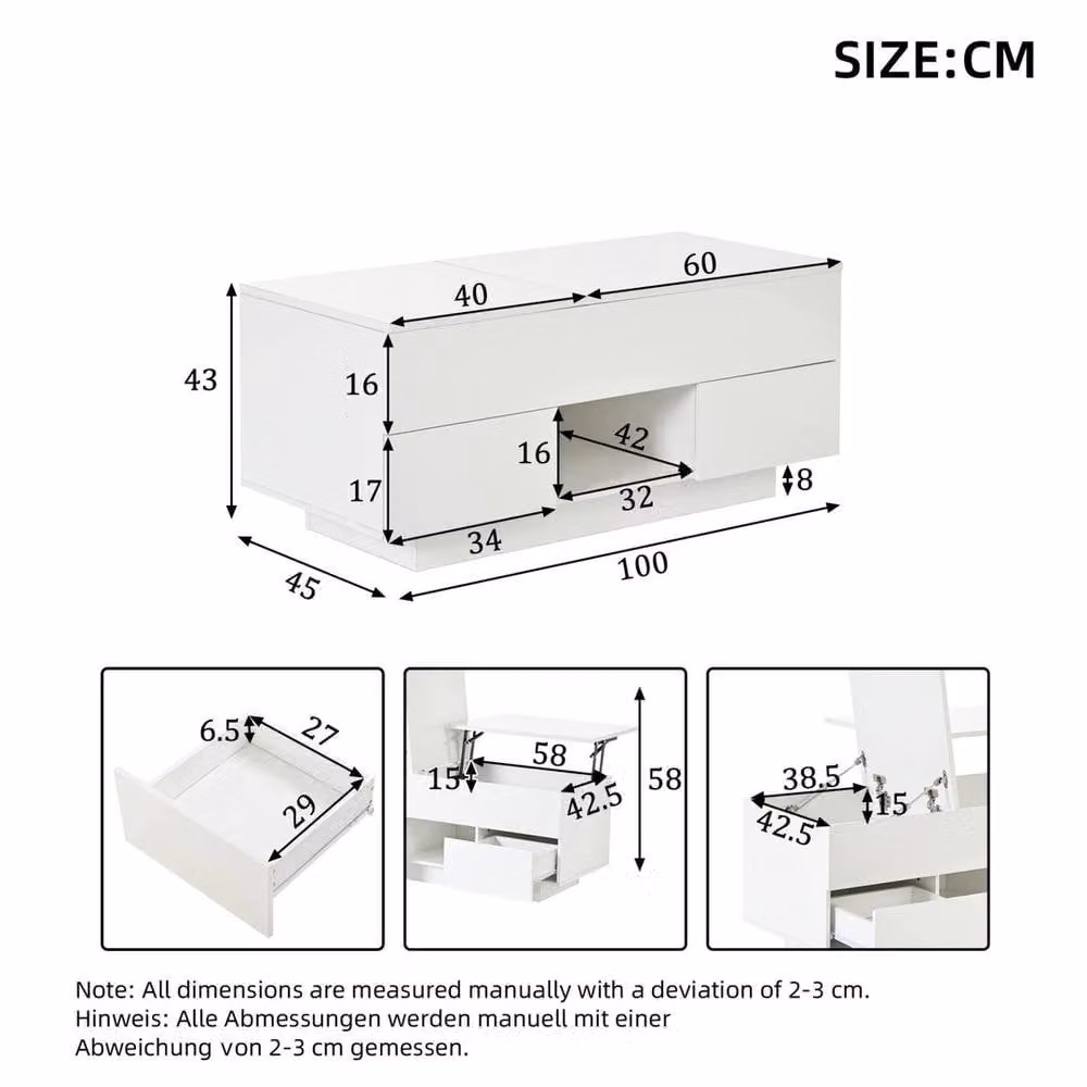 KORVIXA High Gloss LED Lift Top Coffee Table in White, W/D/H: 100 x 100 x 43 cm – 1
