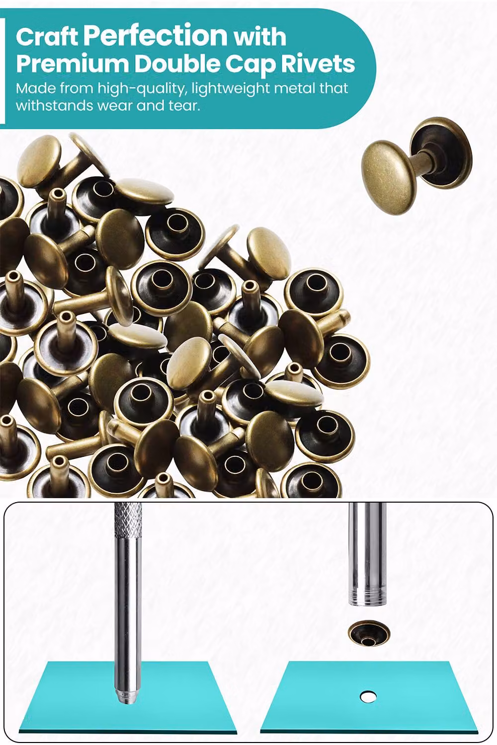 Neel Blue 10mm Double Cap Rivet Tubular Metal Studs and Leather Rivets, Bronze, 100pcs – 4