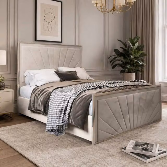 Casani Somerton Modern Upholstered Velvet Bed Frame in Beige, W/D/H: 140 x 200 cm – 1