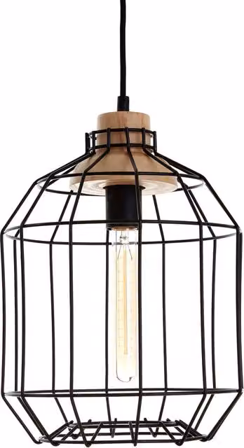 Orsina Black Iron Cage Pendant Light with Wood Accents – 1