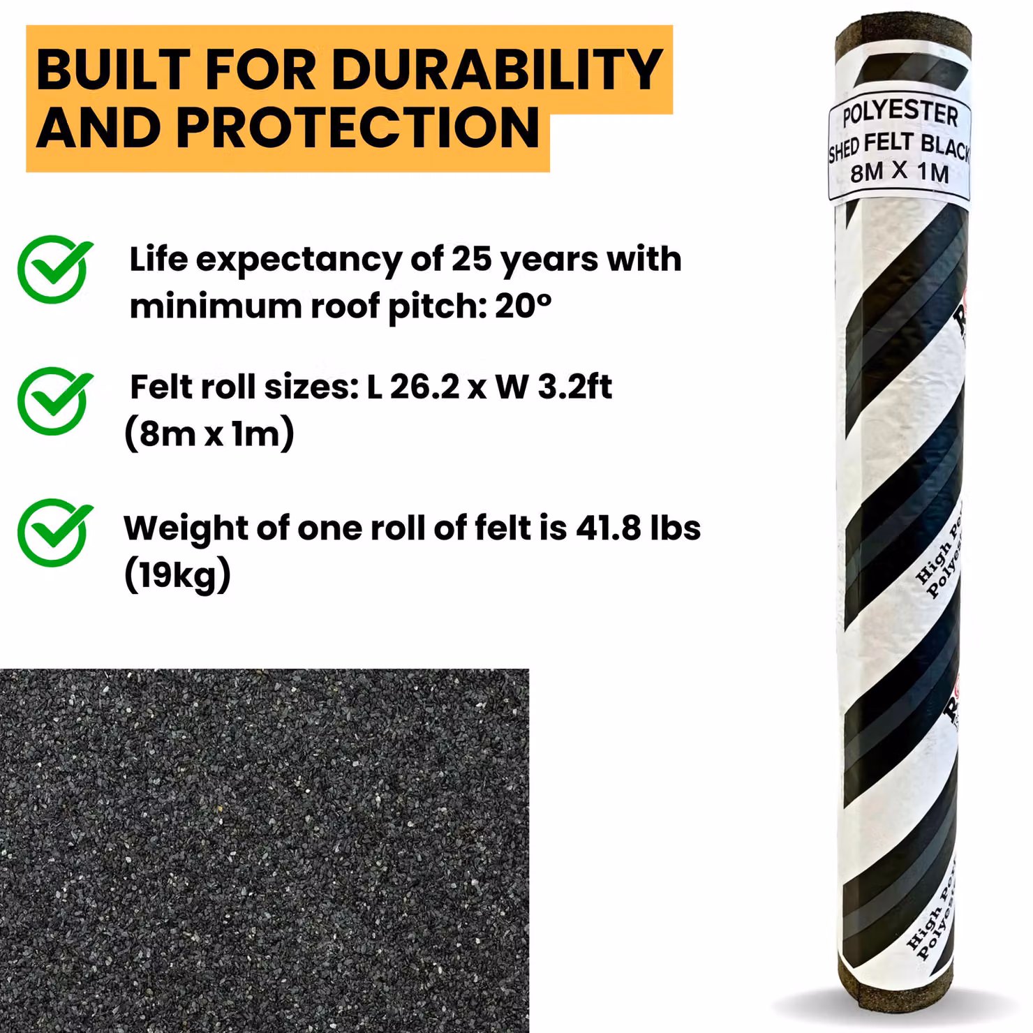 Novecrafto Heavy-Duty Black Polyester Shed Roofing Felt, W: 1 m, L: 8 m – 3