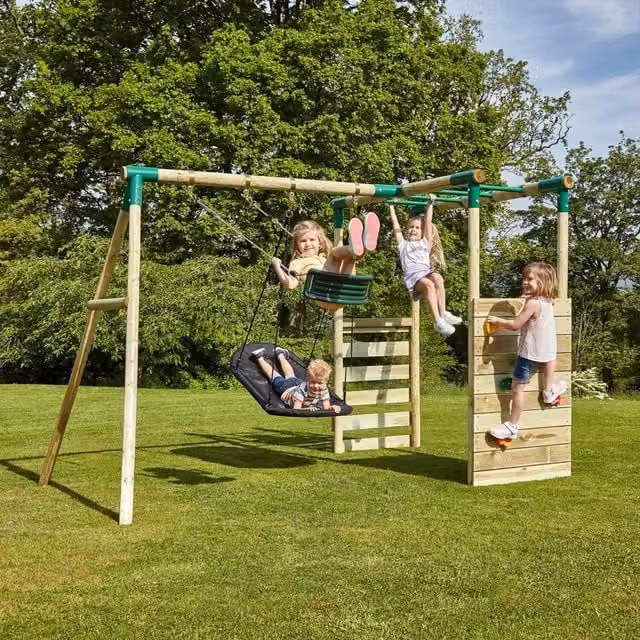Rebo Wooden Double Swing Set with Climbing Wall and Monkey Bars in Green