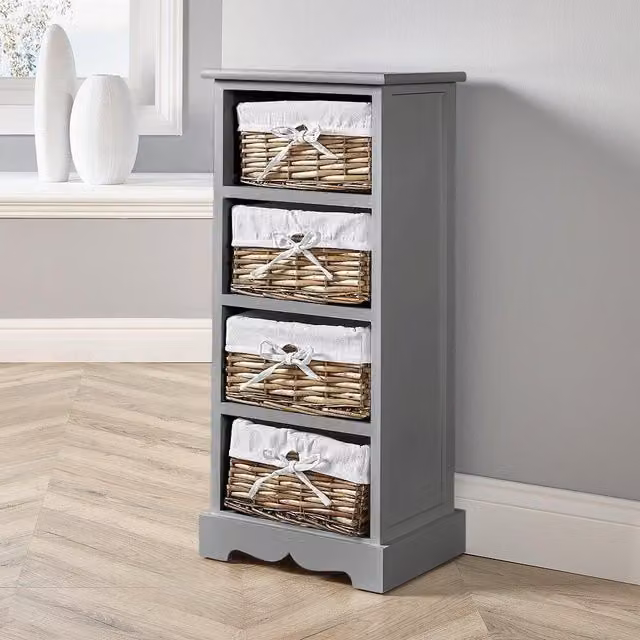 Home Source Lichfield 4 Wicker Basket Drawer Chest Storage Unit in Grey – 1