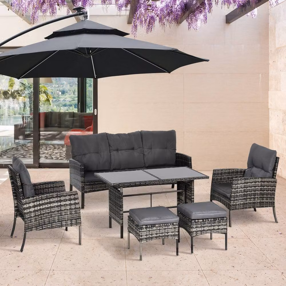 Outsunny 6 Piece Grey Rattan Garden Furniture Set with Cushions including 3 Seater Sofa, Armchair, Ottoman and Coffee Table – 8