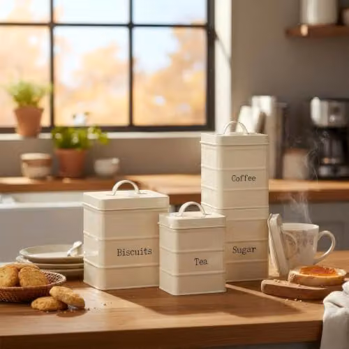 Harbour Housewares 4pc Metal Kitchen Canister Set with Airtight Lids in Beige, Grey and White – 2