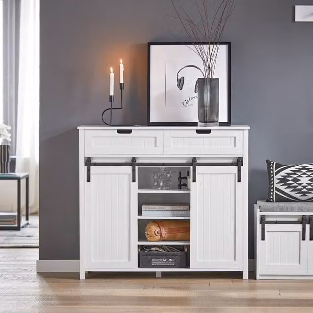 SoBuy Modern White Entrance Cabinet with Sliding Doors and Internal Shelves – 1