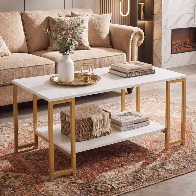 Costway 2-Tier Rectangular Coffee Table with Shelf in White – 1
