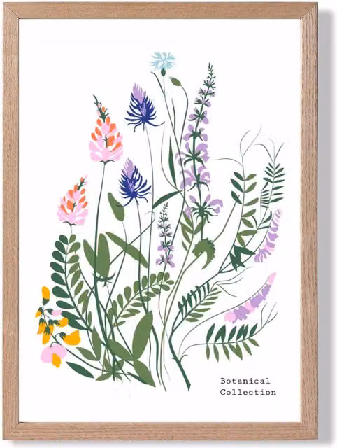 ARTZE Blue and Purple Wild Flowers Flower Market Simplicity Framed Print with Oak Frame