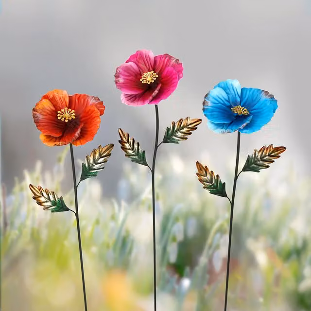 Ornate Collection Multicolour Metal Corn Poppy Plant Stake
