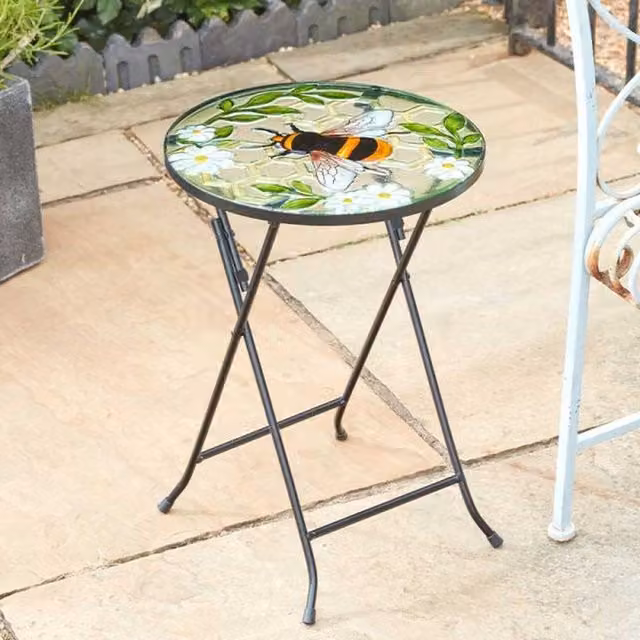 Garden Mile Large Floral Glass Bee Folding Table in Multicolour Green, Yellow and Black