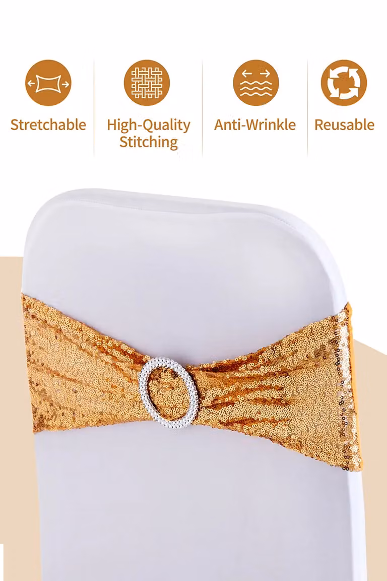 Neel Blue Sequin Chair Band Set with Gold Slider Buckle, 10-Piece Stretchy Fabric Chair Sash for Weddings and Parties